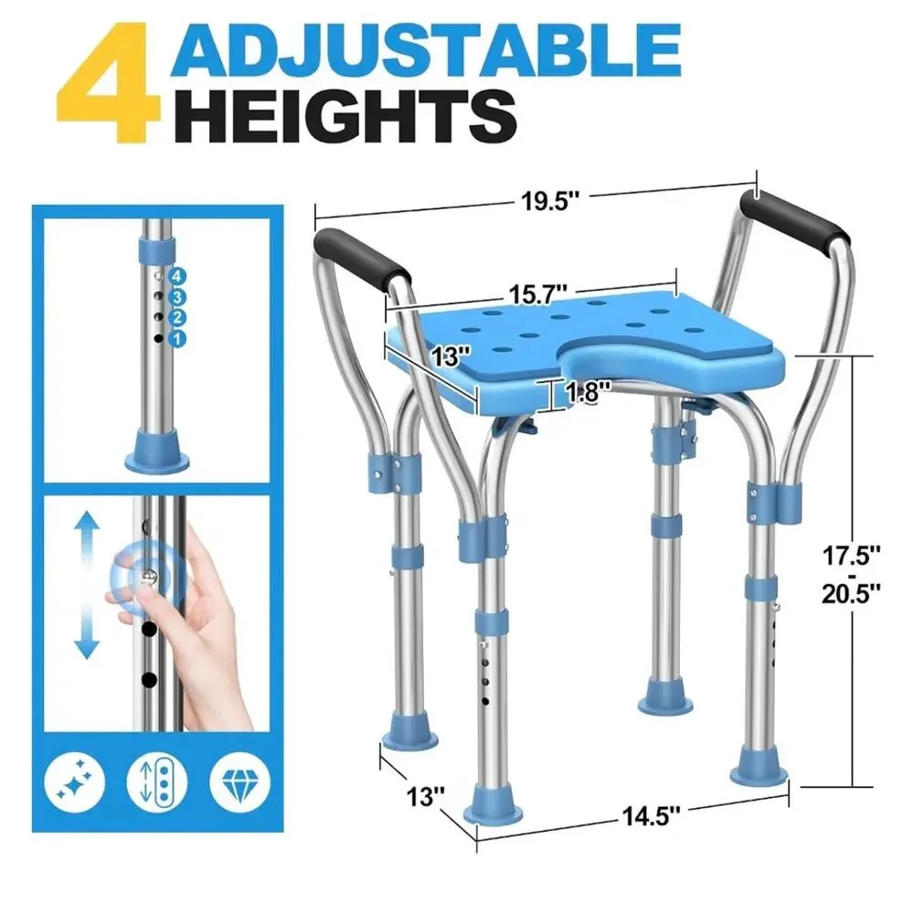 Adjustable Shower Chair with Arms & Back Support Handles – 450 lb Capacity